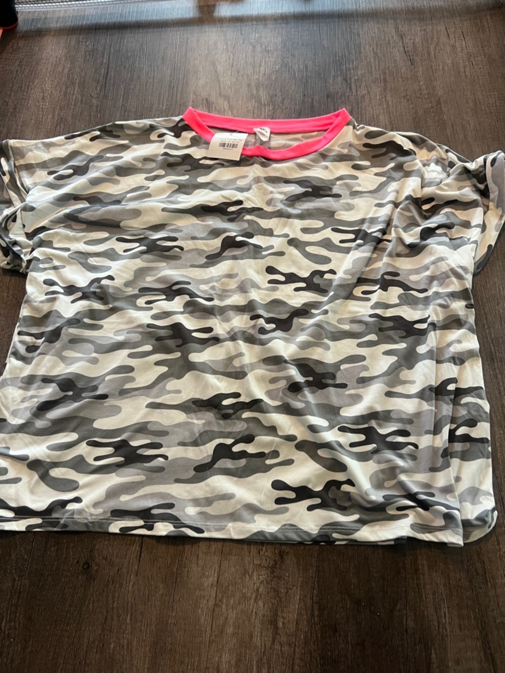 Sew In Love Grey Camo Tee with Hot Pink Neckline